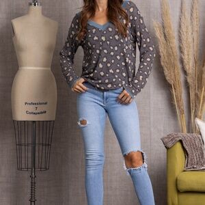 CHARCOAL CHEETAH PRINT LACE-UP BACK KNIT TOP